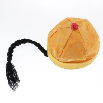 Czapka orientalna w stylu chińskim z kucykiem, czapki Cosplay w kolorze żółtym
