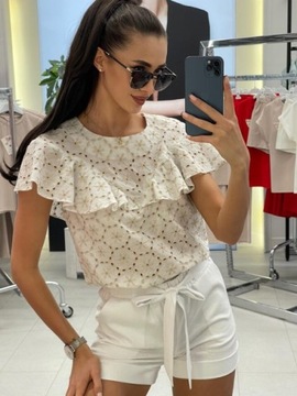 Bluzka Biała Z Beżem Falbanka Bawełna 100% 0980 LALOUS roz.M
