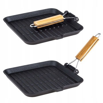 CIĘŻKA PATELNIA GRILLOWA ŻELIWNA SKŁADANA RĄCZKA INDUKCJA GAZ 24CM