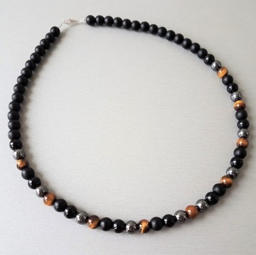 МУЖСКОЕ ОЖЕРЕЛЬЕ С ОНИКСОМ И ГЕМАТИТОМ ТИГРОВЫЙ ГЛАЗ 45см