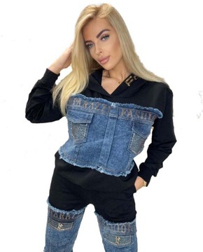 Dres Czarny damski z Jeansem 2057 PF Bluza z kapturem PAPARAZZI FASHION