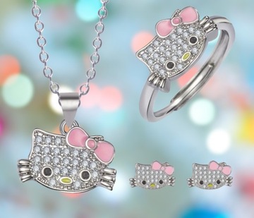 Набор Ожерелье Кольцо Серьги Hello Kitty Kitten Набор стразов 3 шт.