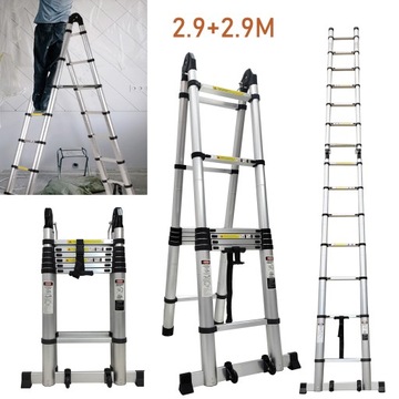 DRABINA ALUMINIOWA TELESKOPOWA RAMOWA A 2,9+2,9/5,8M PRZEGUBOWA 2X7 150KG