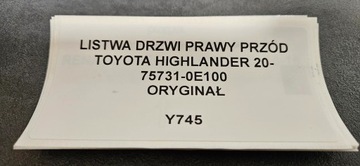 LIŠTA DVEŘE PRAVÝ PŘEDNÍ TOYOTA HIGHLANDER IV 20-