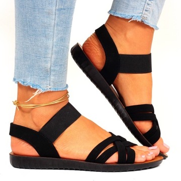 SANDAŁY DAMSKIE CZARNE Z GUMECZKAMI PŁASKI SPÓD