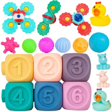 ZABAWKI SENSORYCZNE MIĘKKIE KLOCKI 12 szt + 3 GRZECHOTKI PRZYSSAWKA SPINNER