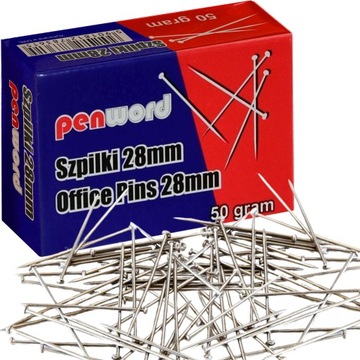 SZPILKI BIUROWE SREBRNE DŁUGIE 28mm 50g PENWORD