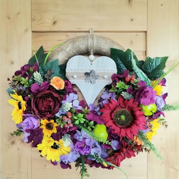 Весенне-летний венок, ПОДСОЛНУХИ, разноцветный джут на дверь, цветы СЕРДЦЕ