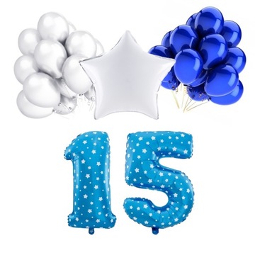 ZESTAW BALONY 15 URODZINY NIEBIESKI CHABROWY PERŁOWE 15 ROCZNICA ŚLUBU