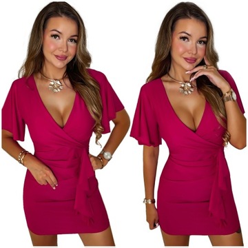 Sukienka elegancka MINI ozdobna falbana na wesele KOPERTOWY DEKOLT L/XL