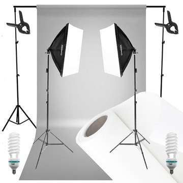 Zestaw 2x lampa softbox żarówka statyw TŁO JASNY
