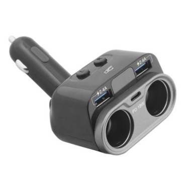 Разветвитель 2 розетки прикуривателя 150 Вт + 2 USB C PD 18 Вт светодиодный вольтметр
