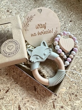 подвеска-пустышка с именем, набор для детского душа Fox, гравировка на дереве.