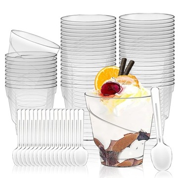 50SZT SPIRALNE OKRĄGŁE KUBKI PLASTIKOWE 160ML DO DESERÓW Z 50 ŁYŻKAMI
