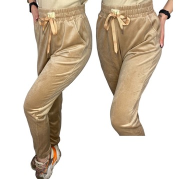 spodnie dresowe welurowe legginsy damskie lampas plus size 3XL/4XL 90176 be
