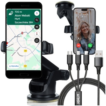 MOCNY UCHWYT NA TELEFON SMARTFON DO SAMOCHODU NA SZYBĘ NA KRATKĘ+KABEL 3W1
