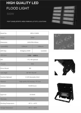 Lampa LED Reflektor Sportowy 500W elewacja stadion