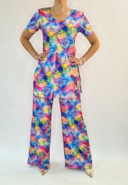 STYLOWY KOMPLET NADRUK TROPICAL ZESTAW TUNIKA SPODNIE WIDE LEG r.50 (36-56)