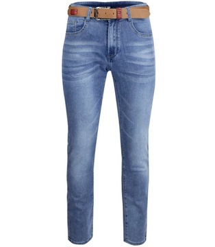 Klasyczne spodnie męskie jeansy z brązowym paskiem 32