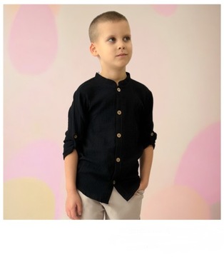140 черная муслиновая рубашка ПОЛЬША, застегнутая на пуговицы