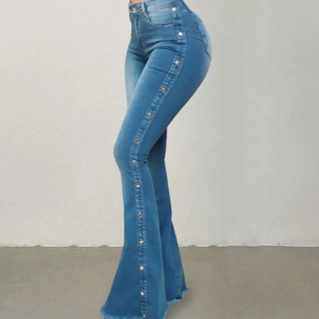 Mid zwężone Stretch jeansy rozkloszowane damskie spodnie dżinsowe szerokie