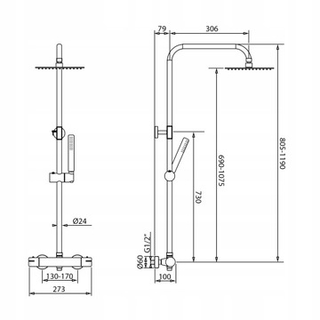 CZARNY ZESTAW PRYSZNICOWY PRYSZNIC NATRYSK Z TERMOSTATEM DESZCZOWNICĄ 30CM