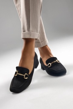 ЧЕРНЫЕ МОКАСИНЫ НА БЛОК-КАБЛЮКЕ, ДЕКОРАТИВНАЯ ПРЯЖКА, СВЕТЛЫЕ ТУФЛИ, размер 39
