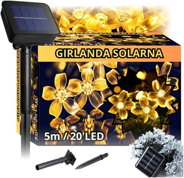GIRLANDA OGRODOWA SOLARNA | LAMPKI SOLARNE KWIATKI BIAŁY CIEPŁY 5M ZESTAW