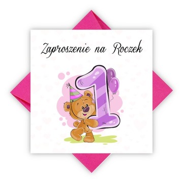 ZAPROSZENIA NA ROCZEK 1 URODZINY MIŚ CYFRA + RÓŻOWA KOPERTA
