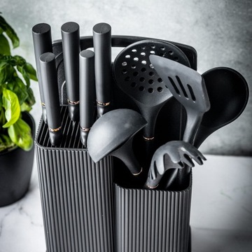 Набор из 5 ножей + набор из 5 кухонной посуды + нарезающая доска + подставка