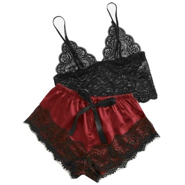 SEXY PIŻAMKA BIELIZNA TOP KORONKA SPODENKI SATYNA