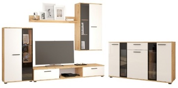 Meblościanka + Komoda do salonu meble pokojowe SONIA Dąb artisan Biały
