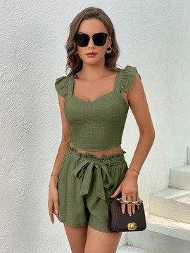 УКОРОЧЕННЫЙ ТОП С НЕМНОГО ЛЬНА, ОЛИВКОВЫЙ, С ВОРОТКАМИ CASUAL SHEIN L 40