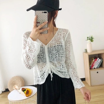 Women Loose Sweaters Sexy V Neck Hollow Out Lace U