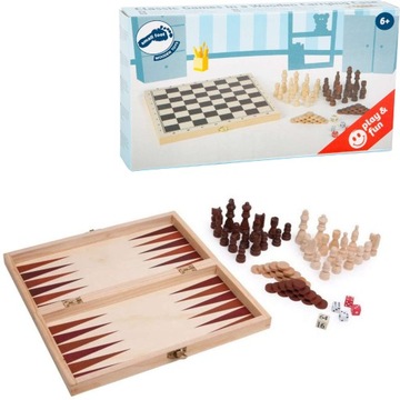 ZESTAW GIER SZACHY BACKGAMMON WARCABY DREWNIANE