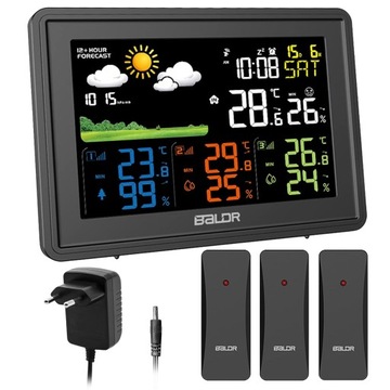 STACJA POGODOWA TERMOMETR HIGROMETR LCD ALARM ZEGAR KALENDARZ 3 CZUJNIKI