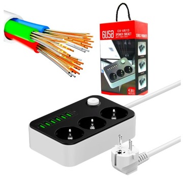 PRZEDŁUŻACZ LISTWA ZASILAJĄCA 3 GNIAZDA + 6 USB MINI LISTWA 6 USB 3 GNIAZDA