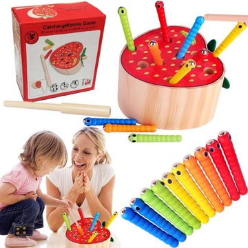 ДЕРЕВЯННАЯ МАГНИТНАЯ ИГРА ДЛЯ ДЕТЕЙ «Поймай червяка. Потяни червяка».