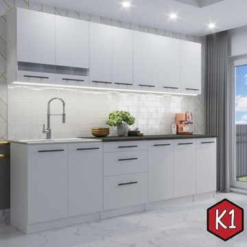 Meble kuchenne z BLATEM - 2,6 m - FLIP biały mat [M1-K1]
