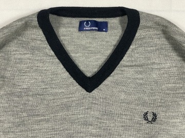 Fred Perry sweter sweterek wełna v-neck logo M L