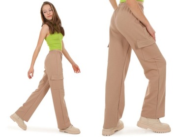 SZEROKIE spodnie, bojówki - 152 BEŻ