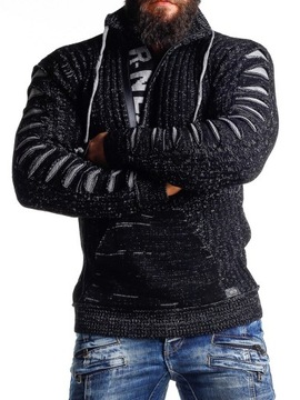 SWETER MĘSKI GRUBY GOLF ROZPINANY STÓJKA CZARNY - XXL