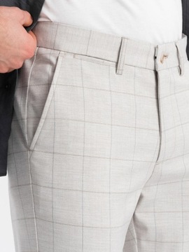 Spodnie męskie o klasycznym kroju w kratę beżowe V1 OM-PACP-0187 M