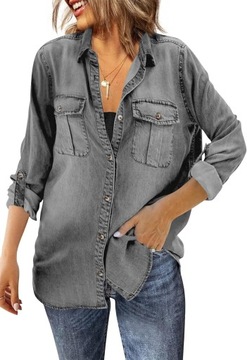 Damska koszula dżinsowa z długim rękawem, miękka koszulka z denim