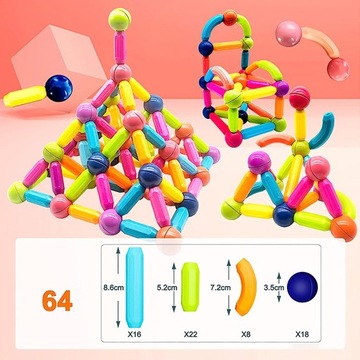 НАБОР МАГНИТНЫХ БЛОКОВ ДЛЯ СТРОИТЕЛЬНЫХ ПАЛОК 64 ШТ.
