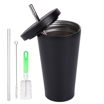 KUBEK TERMICZNY 500ml DO KAWA NA WYNOS ZE SŁOMKĄ CZARNY STALI NIERDZEWNEJ