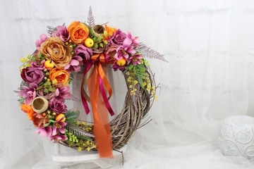 Wianek jesienny kwiatowy dekoracja domu stroik wieniec na drzwi