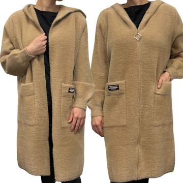 ALPAKA DAMSKA PŁASZCZ KURTKA SWETER CIEPŁA DŁUGA KAPTUR SUWAK KARMEL 2186