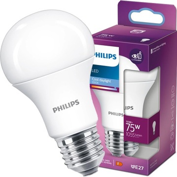 PHILIPS Żarówka LED E27 10W = 75W 6500K ZIMNA BIAŁA 1055lm 200° A60