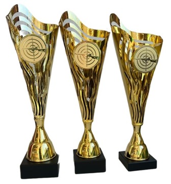 Zestaw pucharów strzeleckich broń długa 35,34,33 cm + emblemat + tabliczka